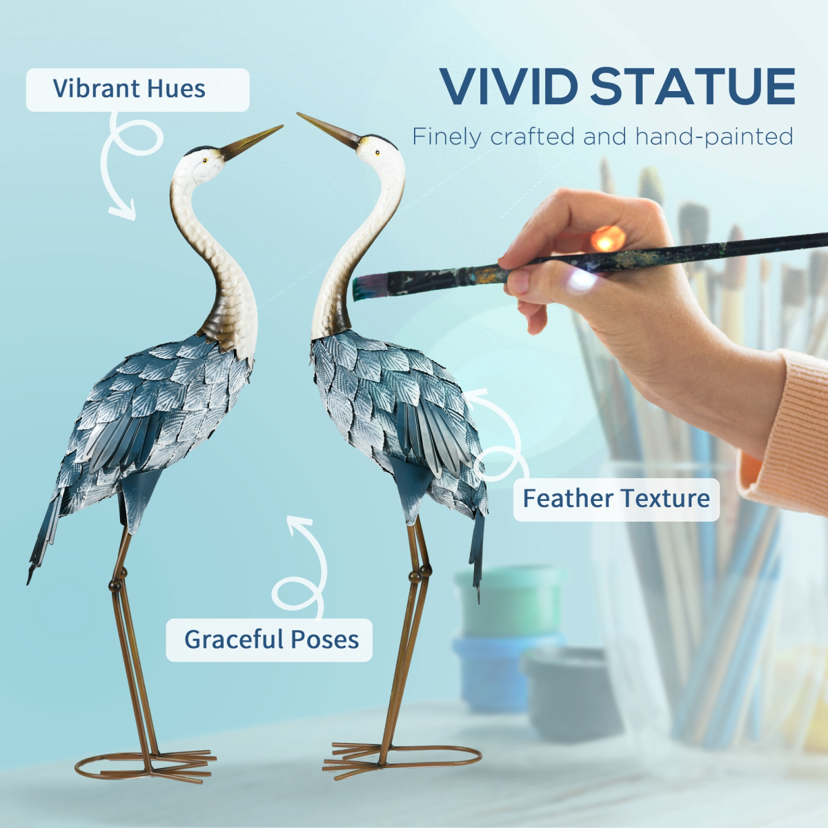 Outsunny 2-Piece Steel Crane Garden Statue Set, Blue/White/Grey