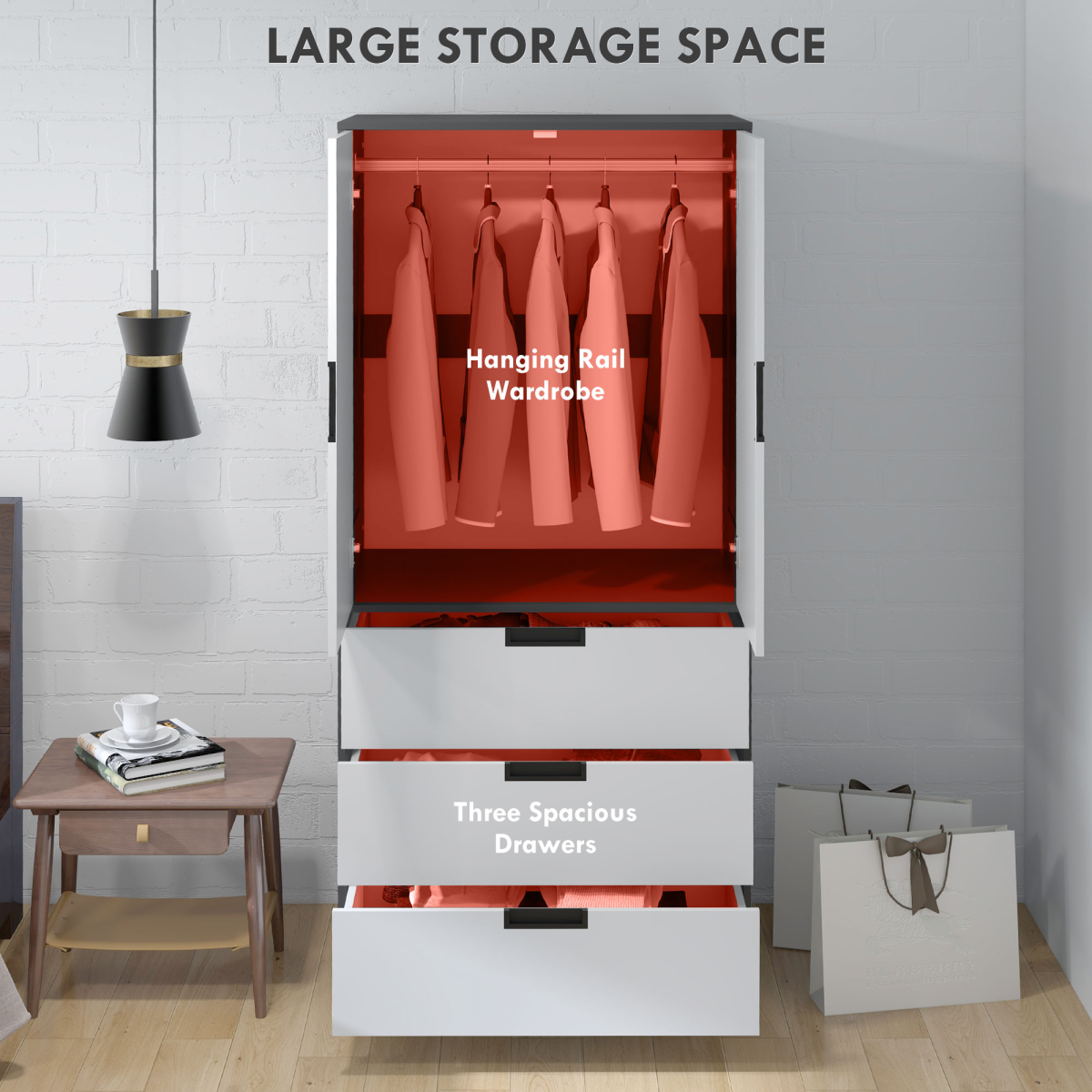 HOMCOM White and Grey 2-Door Wardrobe with 3 Drawers and Rail