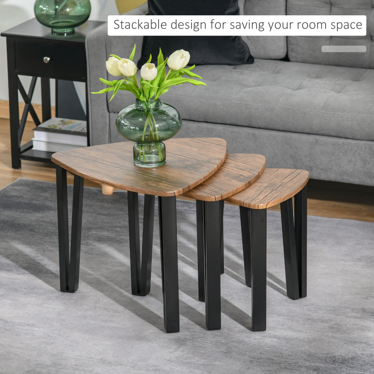 HOMCOM 3-Piece Stackable Triangle Coffee Table Set, Walnut MDF Tops, Steel Frame