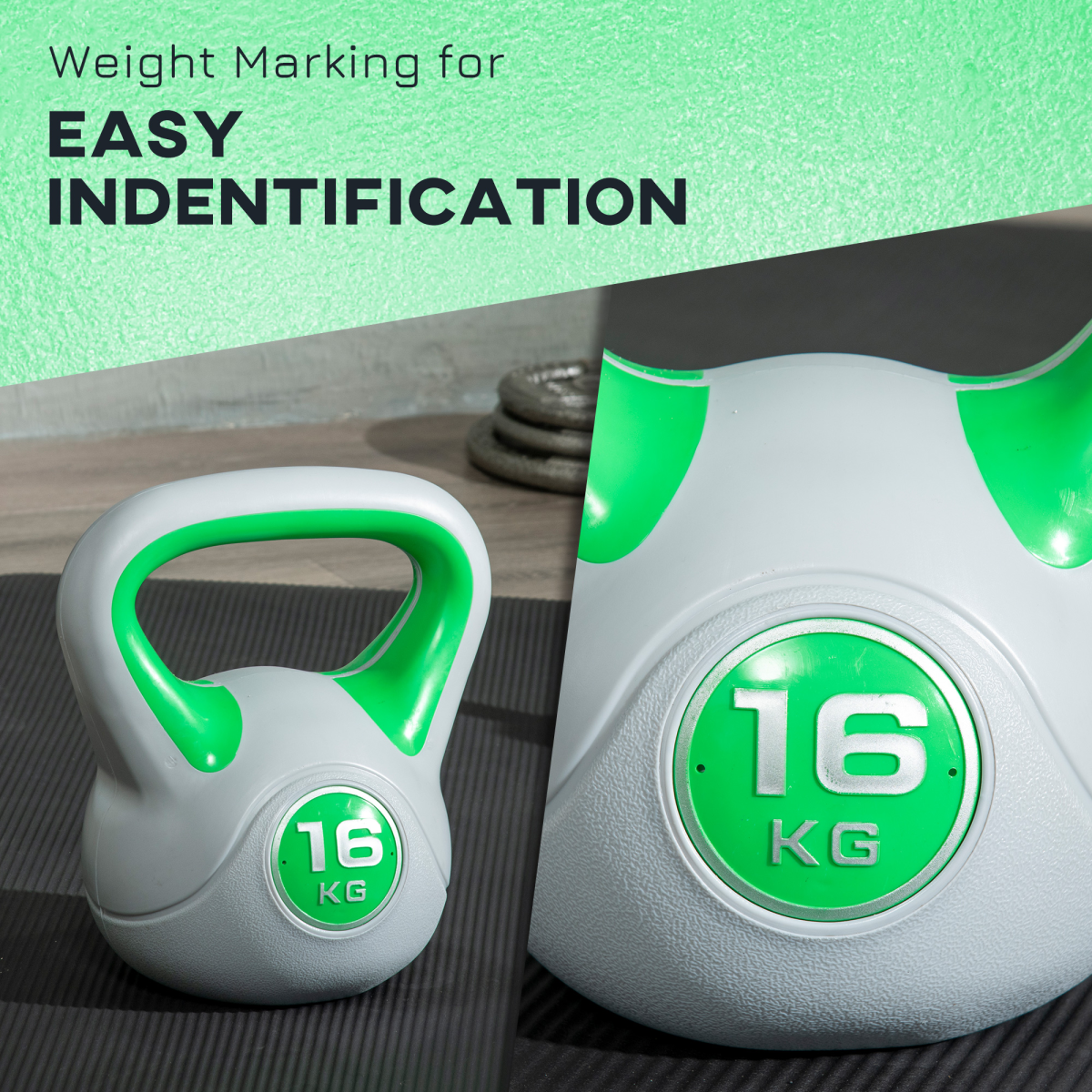 SPORTNOW 16kg Kettlebell with Wide Handle, Green and Grey