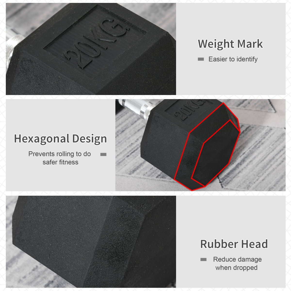 20kg Single Rubber Hex Dumbbell with Steel Core, Knurled Grip, Portable Home Gym Hand Weight
