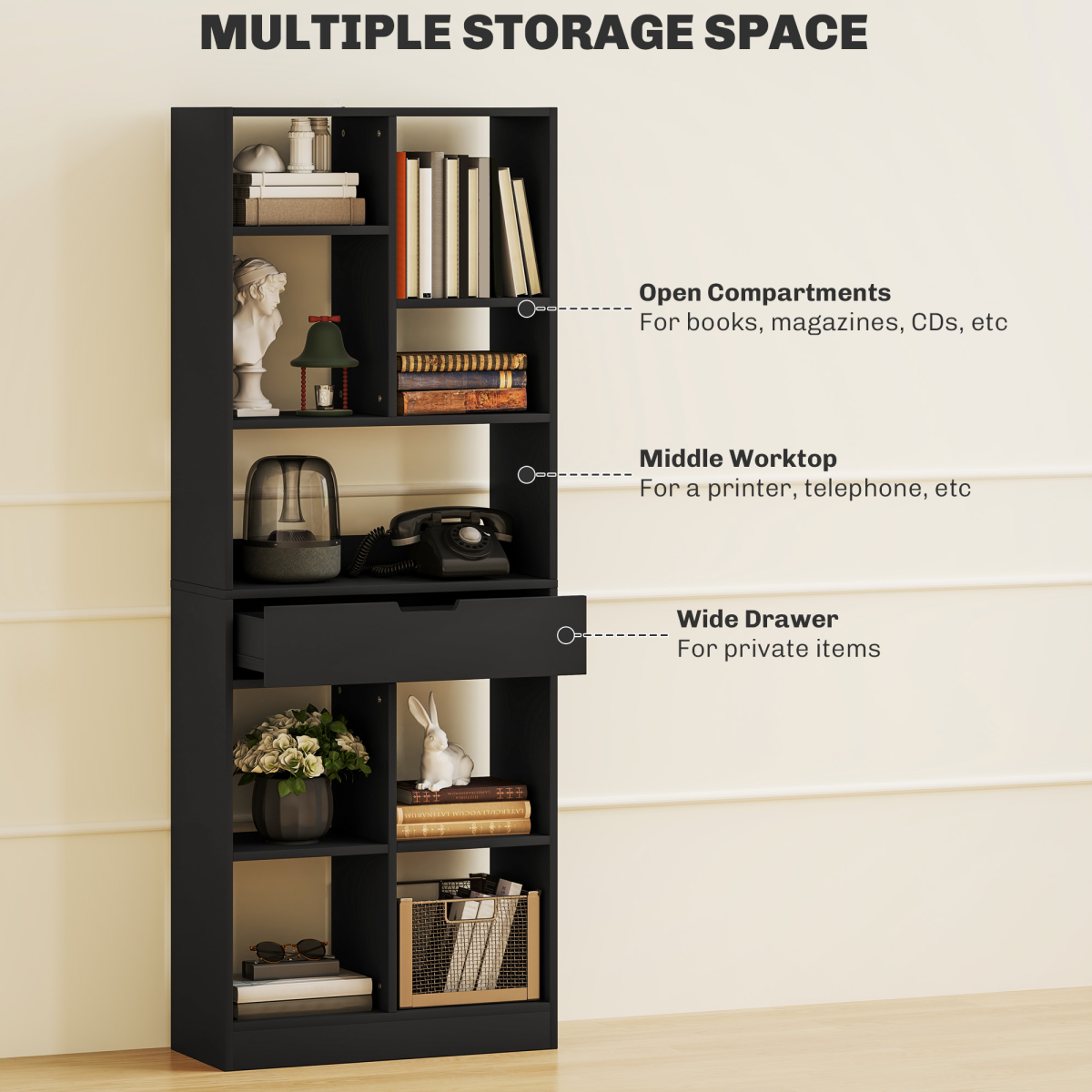 HOMCOM Freestanding Black Bookcase Display Shelf with Drawer, 9 Compartments