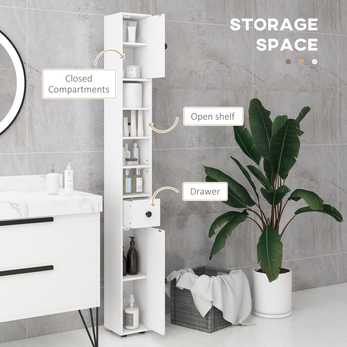 kleankin Slim White Bathroom Storage Cabinet with Open Shelves