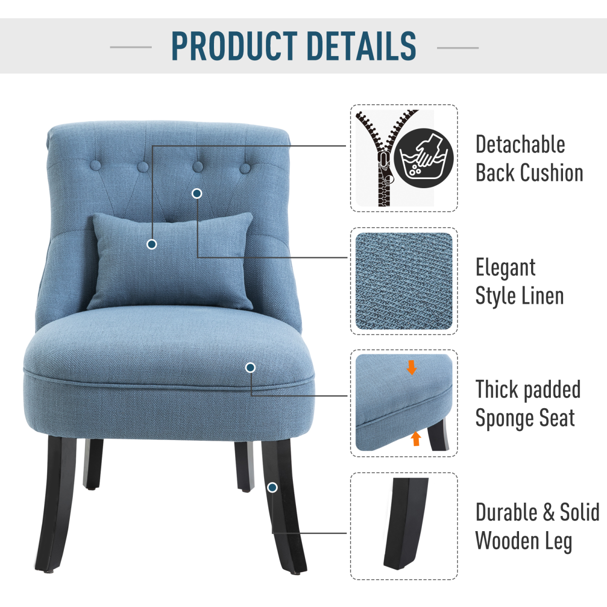 HOMCOM Retro Linen-Look Upholstered Accent Chair with Pillow, Wooden Legs