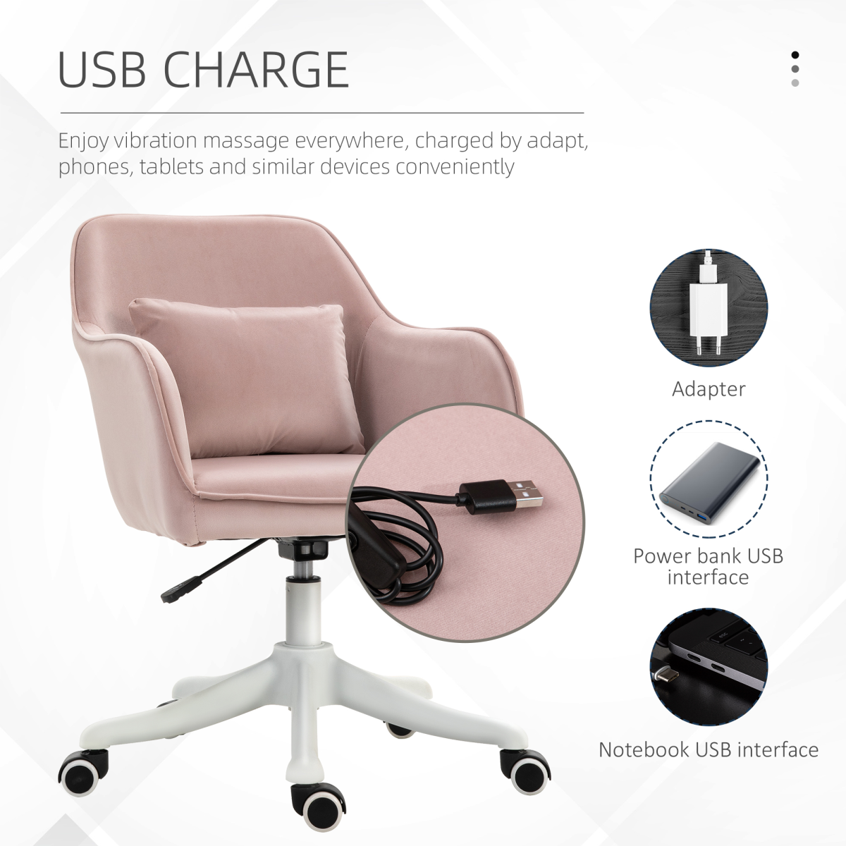 Vinsetto Massage Office Chair with USB Powered Lumbar Pillow, Velvet-Feel Upholstery, Swivel Seat and Castor Wheels