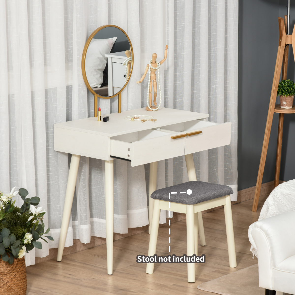 HOMCOM Modern White Dressing Table with 2 Drawers and Round Mirror