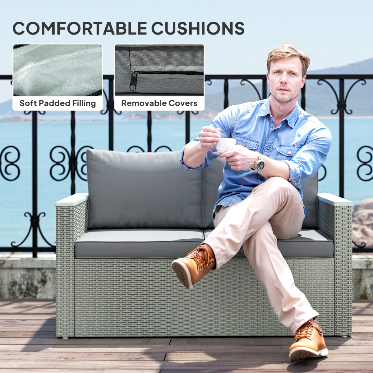Outsunny 4-Piece Rattan Patio Furniture Set with Cushions, Light Grey
