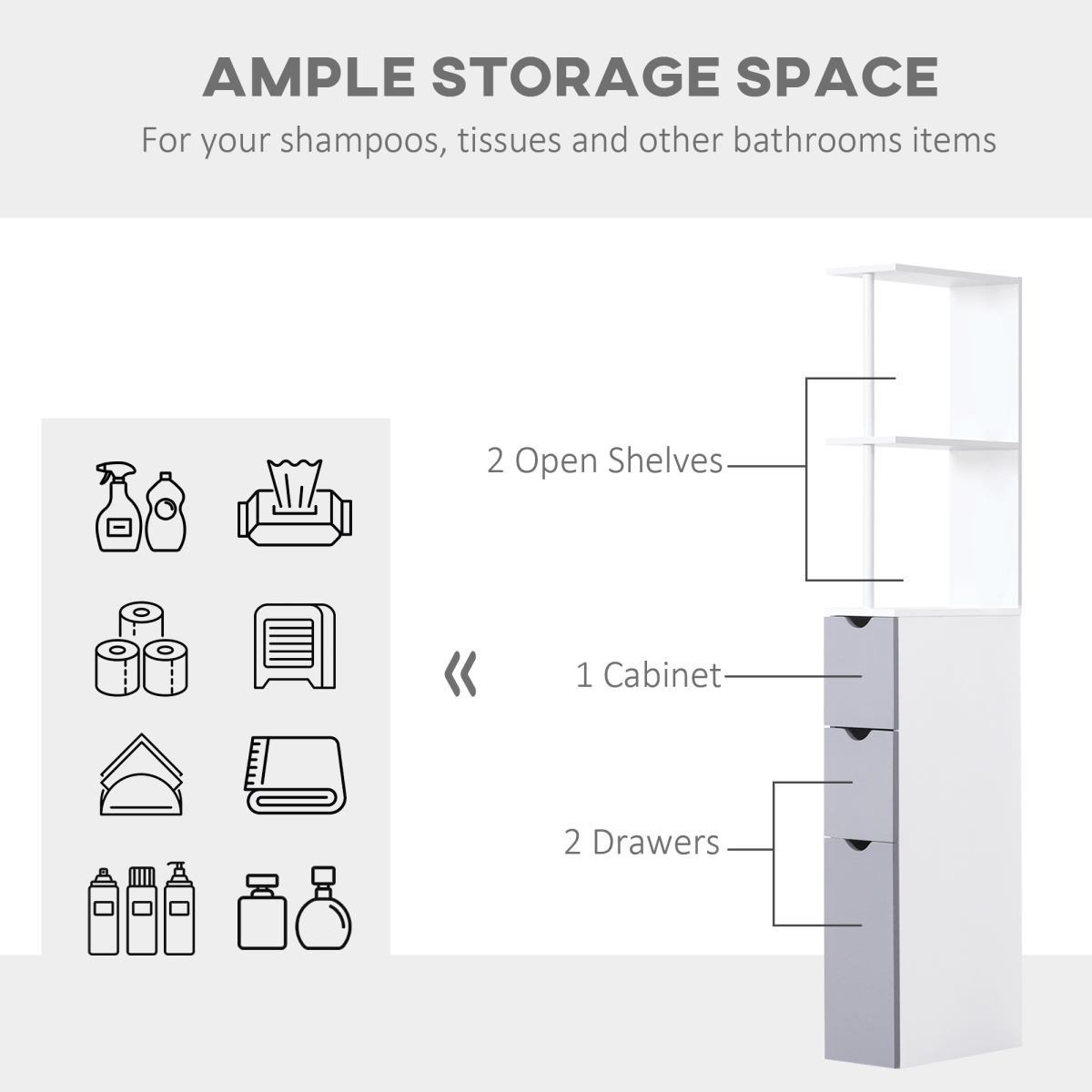 Tall Slim Bathroom Storage Cabinet with Shelves and Drawers, White