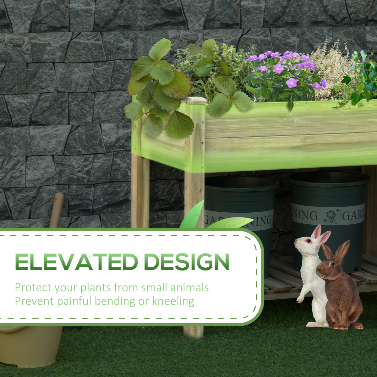 Outsunny Raised Wooden Garden Bed with Legs and Bottom Storage Shelf, Elevated Planter Box with Drainage Holes