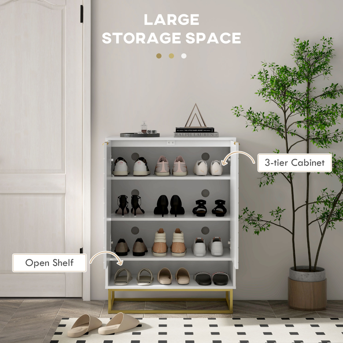 HOMCOM Shoe Cabinet with 2 Chevron Doors, Adjustable Shelf, Holds 12 Pairs, White and Gold Tone