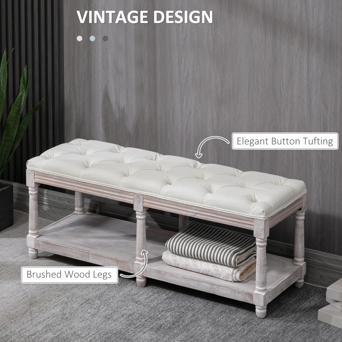 2-Tier Vintage Tufted Storage Bench, Cream White