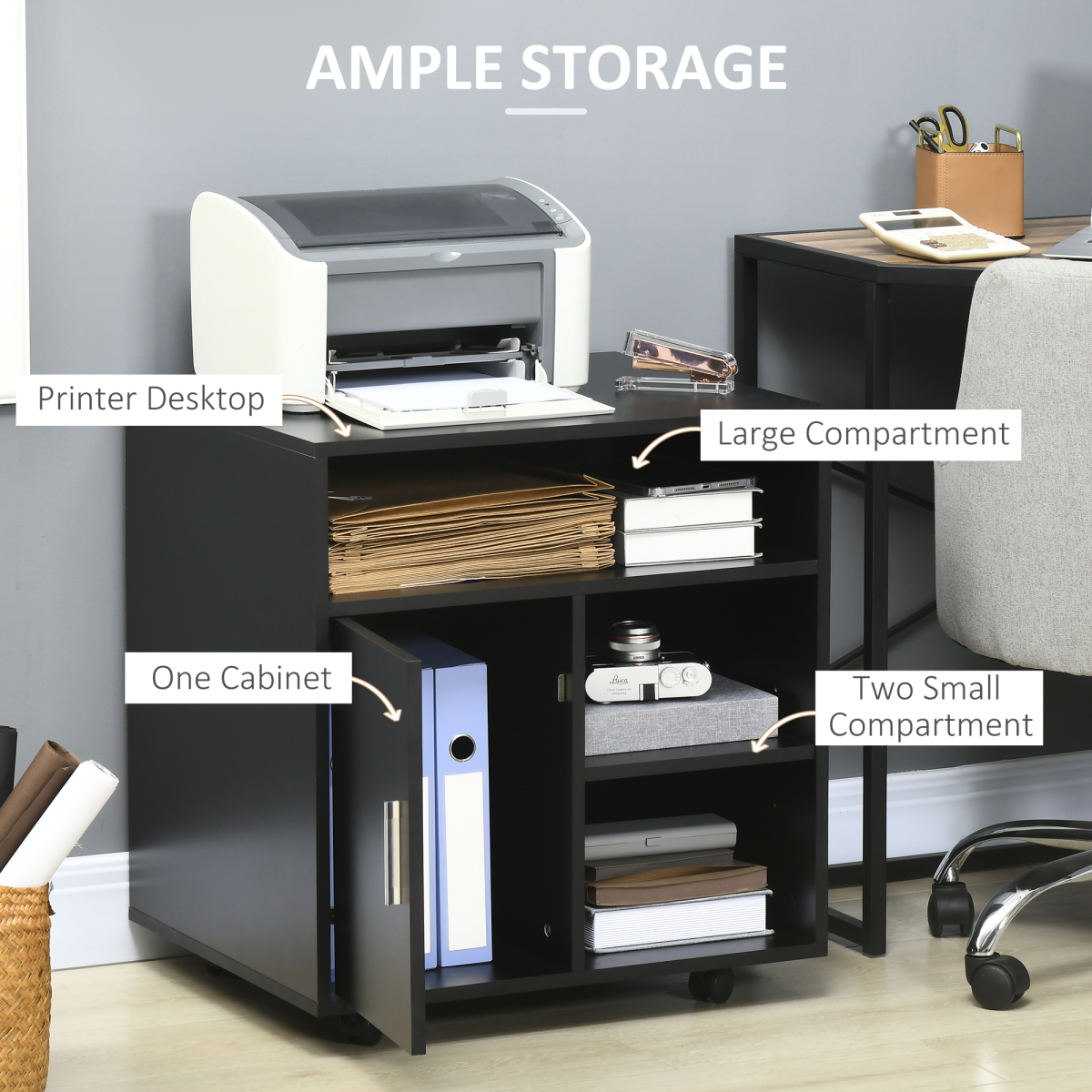 Multi-Storage Printer Unit with 5 Compartments, Adjustable Shelf, Lockable Wheels, Black