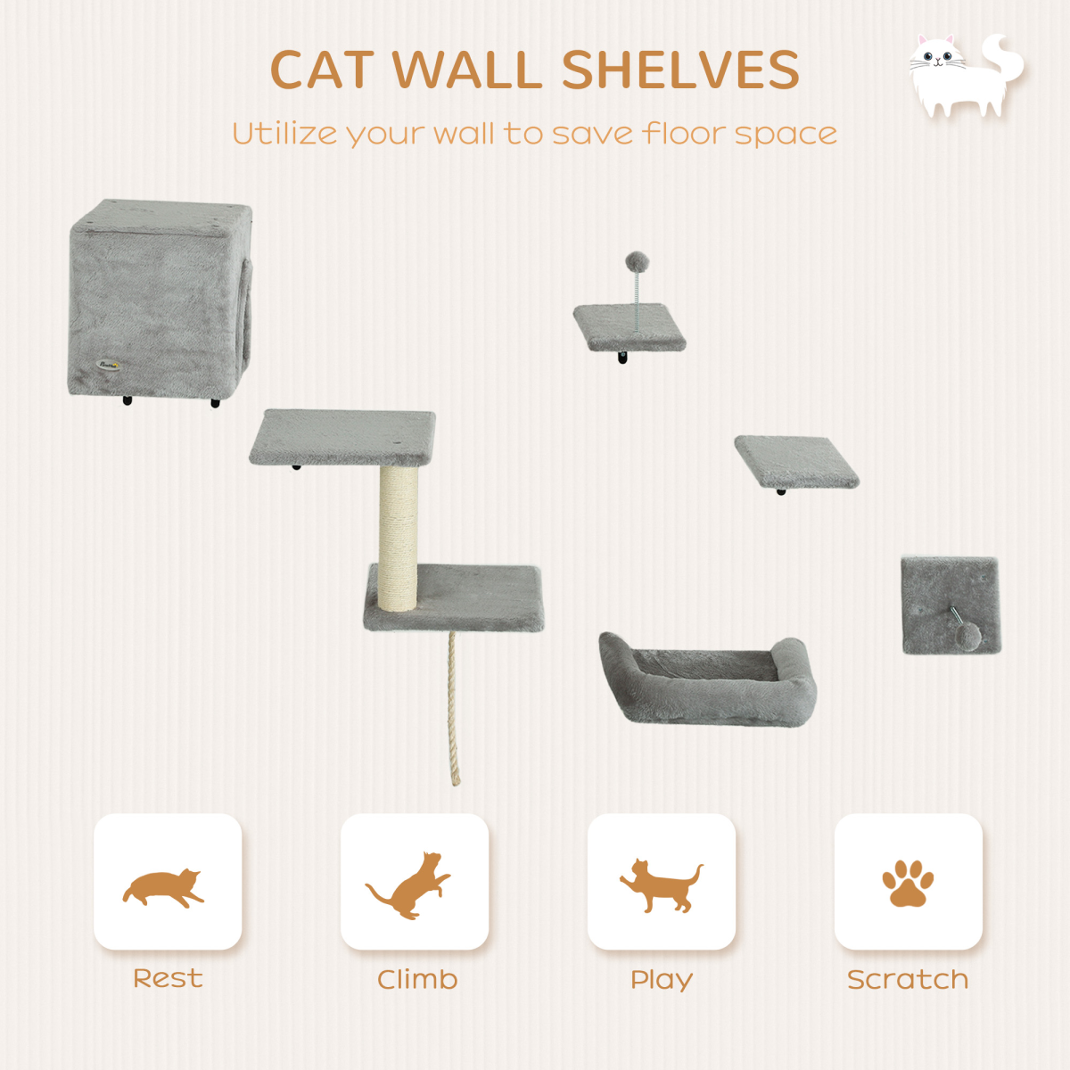 PawHut 6-Piece Wall-Mounted Cat Shelves Set with Condo, Grey