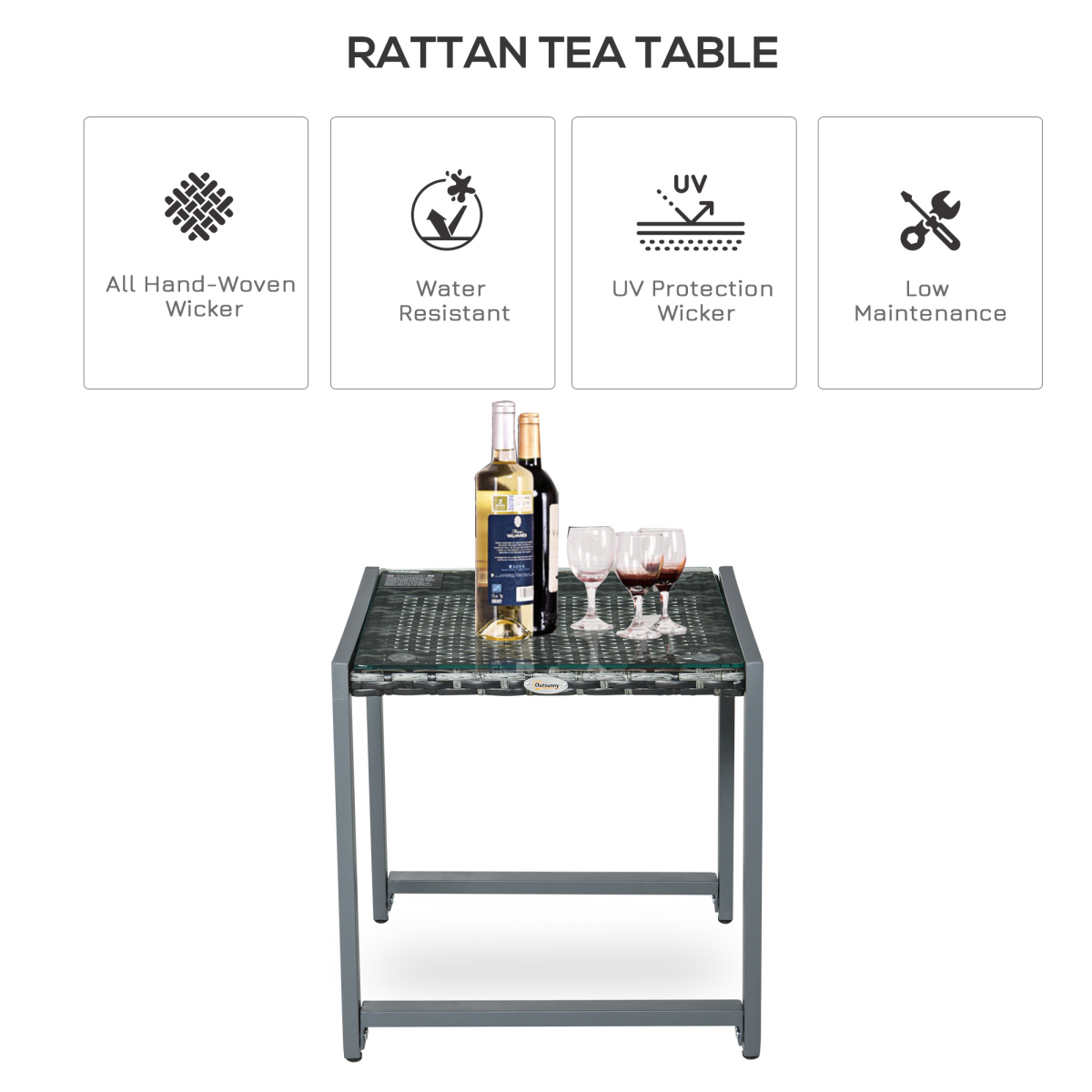 Outsunny Grey PE Rattan Patio Table with Tempered Glass Top and Aluminium Frame