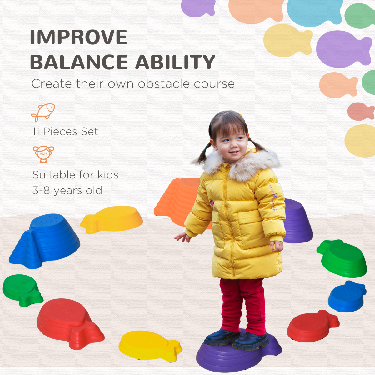 11-Piece Fish-Shaped Balance Stepping Stones for Kids, Multicoloured