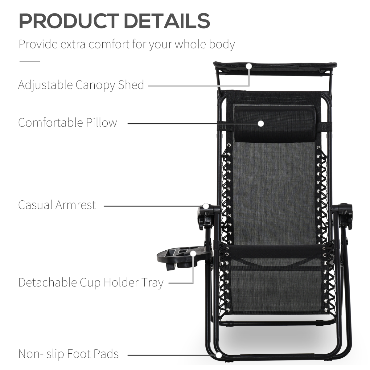 Outsunny Zero Gravity Folding Sun Lounger with Reclining Seat, Canopy and Removable Side Tray Holder, Black