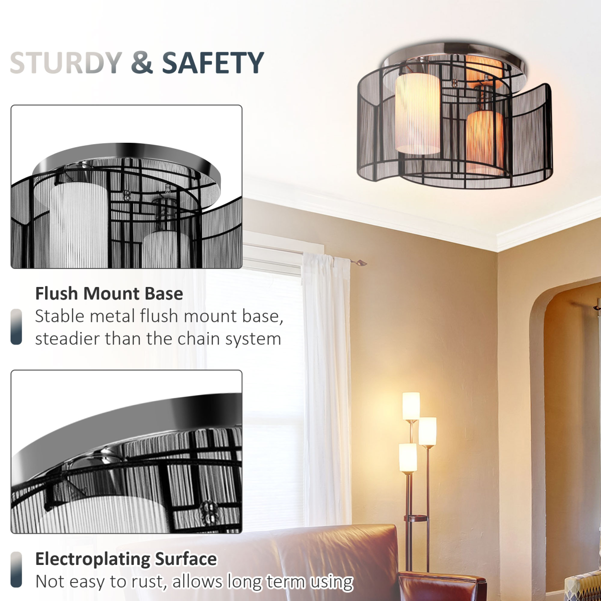 HOMCOM Chandelier, 40 x 25 cm, Chrome/Black Fabric, 2-Light Flush Mount, E27