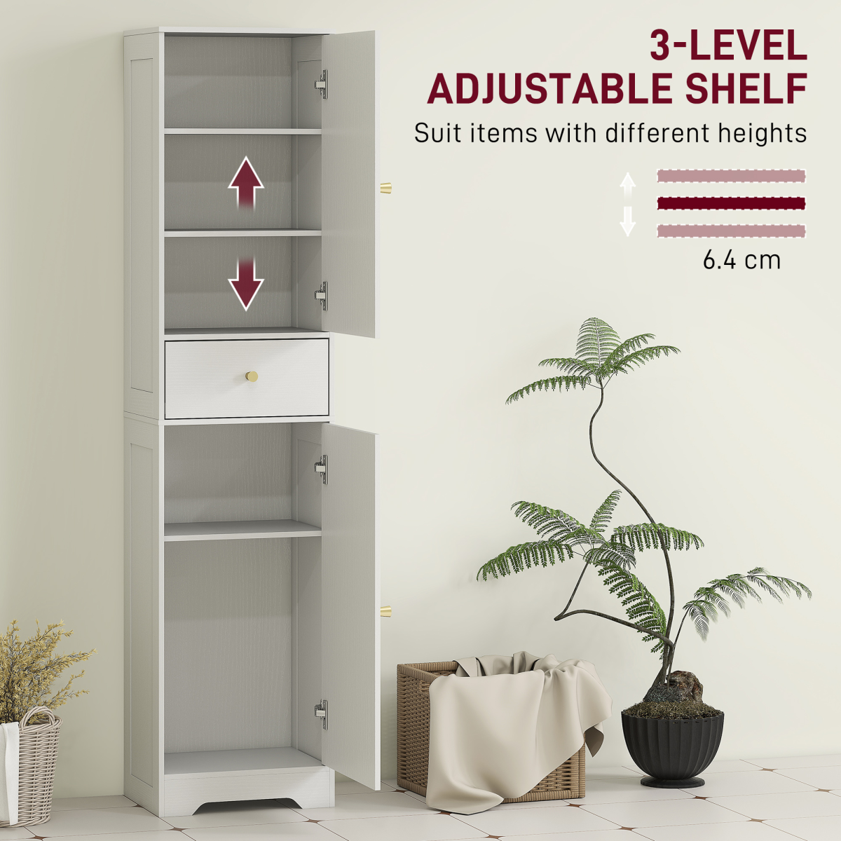 HOMCOM Tall White Bathroom Storage Cabinet with Arch Doors & Drawer