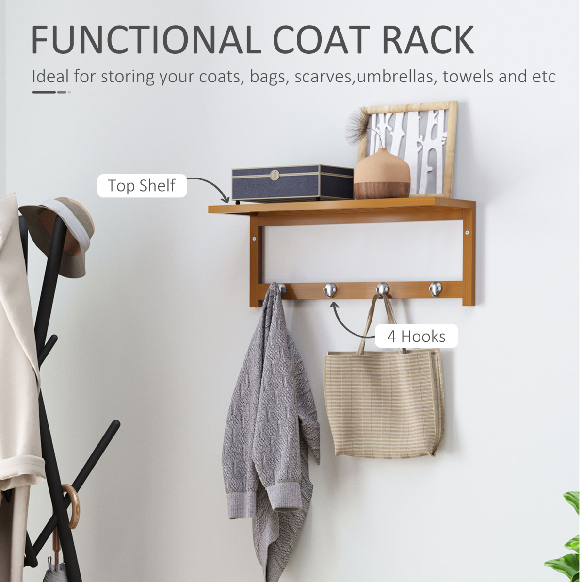 HOMCOM Wall Mounted Clothes Rack with Top Shelf and 4 Hooks, 50 x 17 x 20 cm