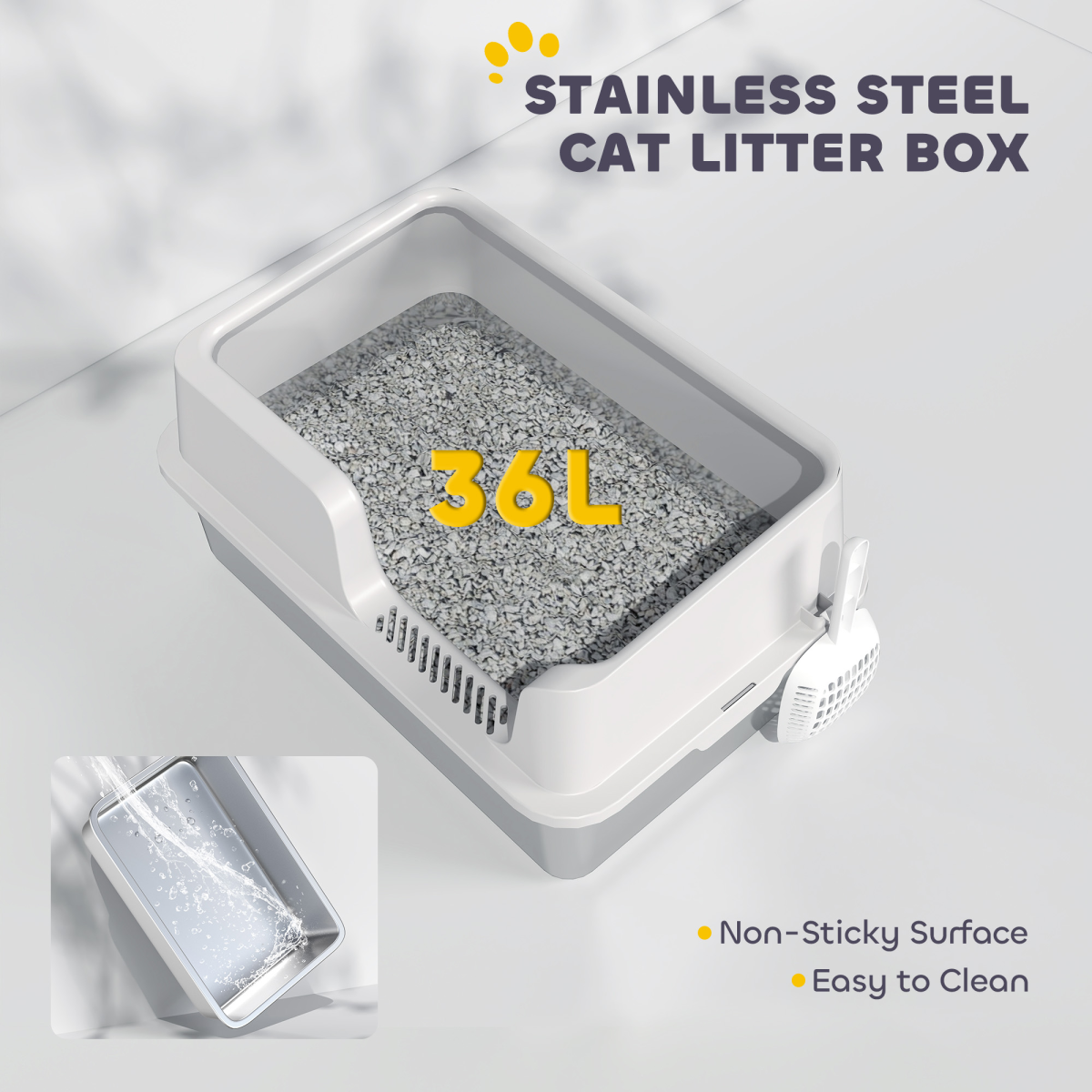 PawHut High-Sided Stainless Steel Cat Litter Tray with Scoop