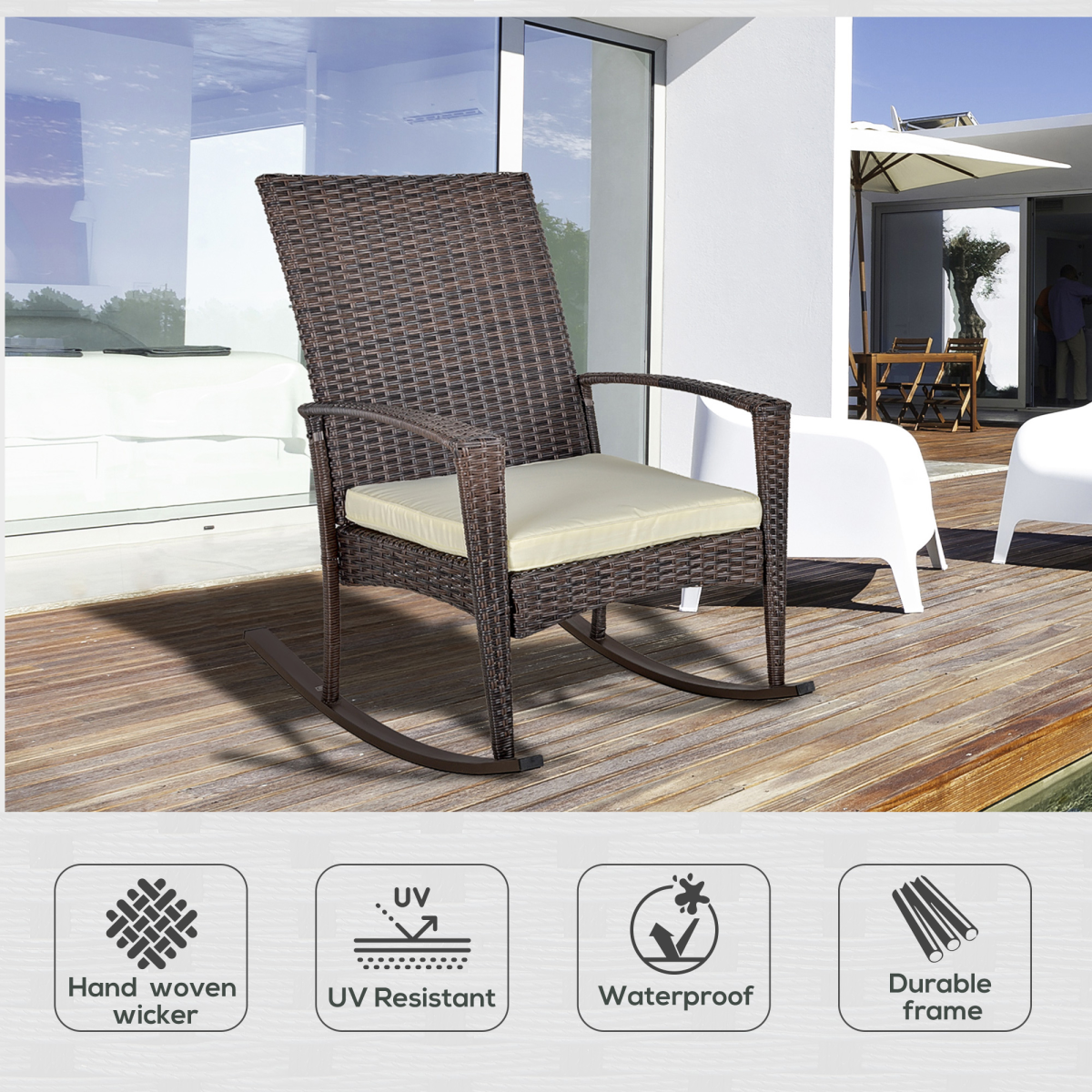 Outsunny Rattan Rocking Chair with Cushion, Brown/Beige