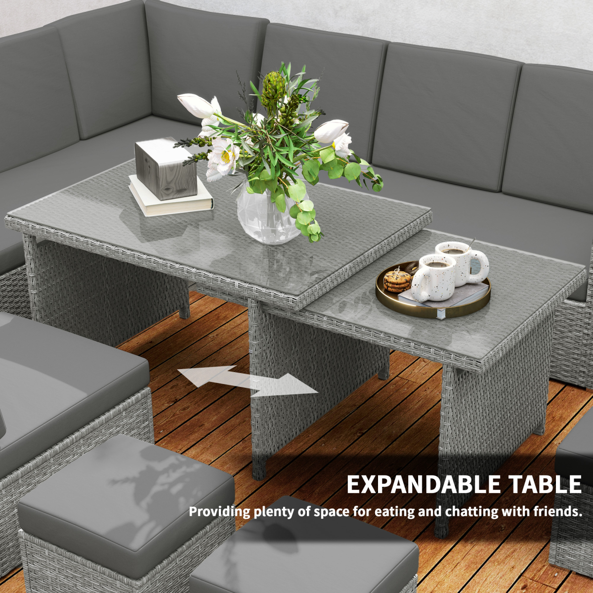 Outsunny 7-Piece Rattan Sofa Set with Cushions, Footstools and Glass Dining Table