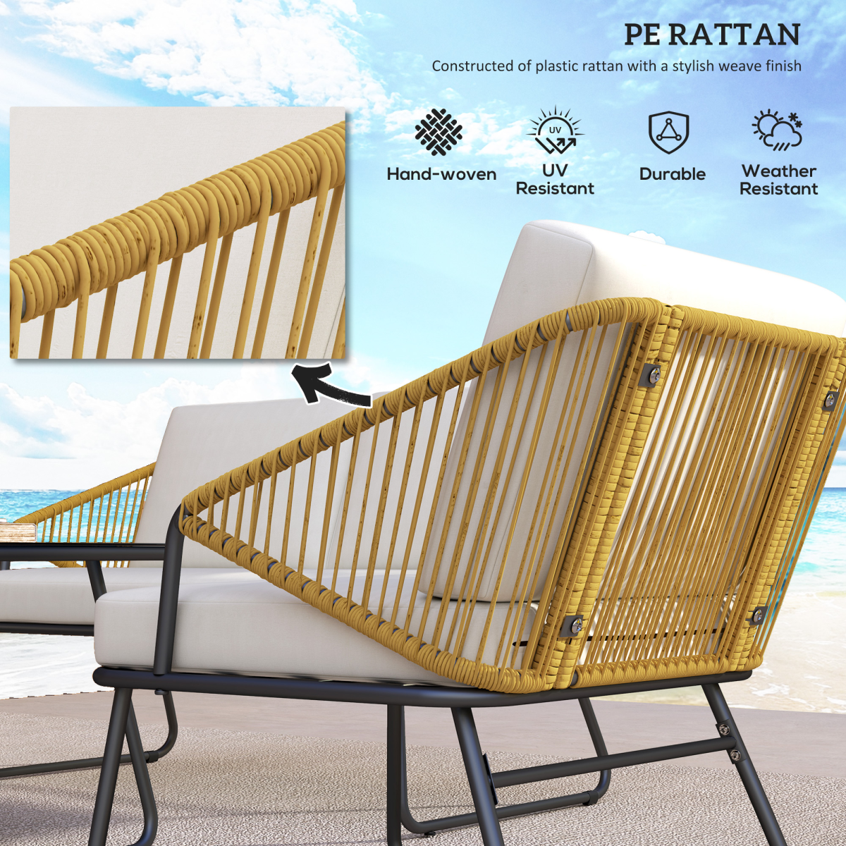 Outsunny 4-Piece Rattan Garden Furniture Set with Cushions, Loveseat, 2 Chairs and Coffee Table, Natural Wood Finish