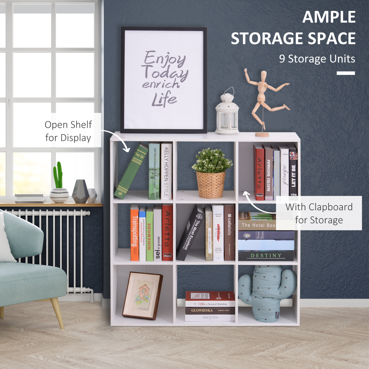 9-Cube Storage Cabinet Bookcase Display Shelves, Chipboard, White