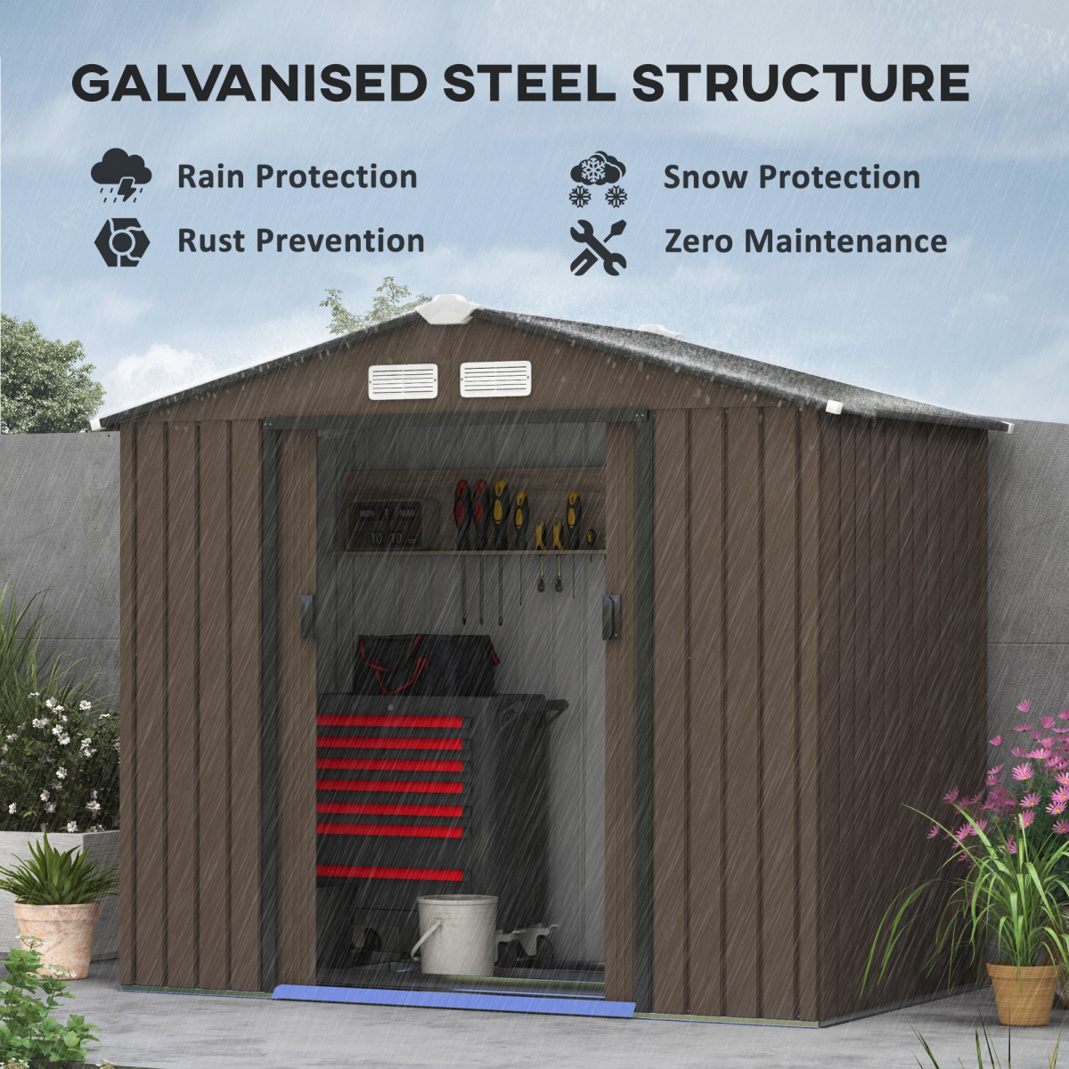 Outsunny Galvanized Metal Garden Shed with Locking Double Doors and Ventilation, Brown