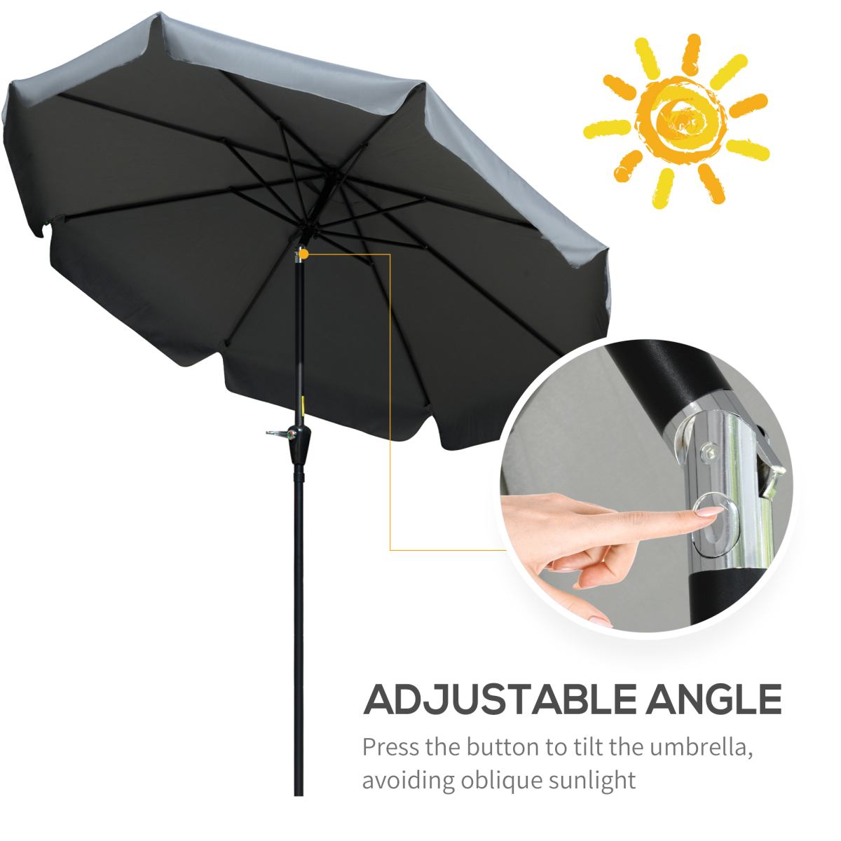 Outsunny 2.66m Charcoal Grey Patio Umbrella with Scalloped Edge, Crank Handle and Tilt Function