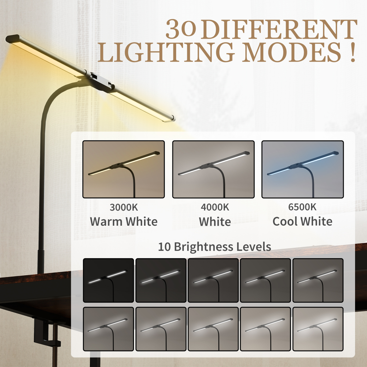 HOMCOM Double Head Dimmable Clamp Desk Lamp, 3 Colour Modes, Black