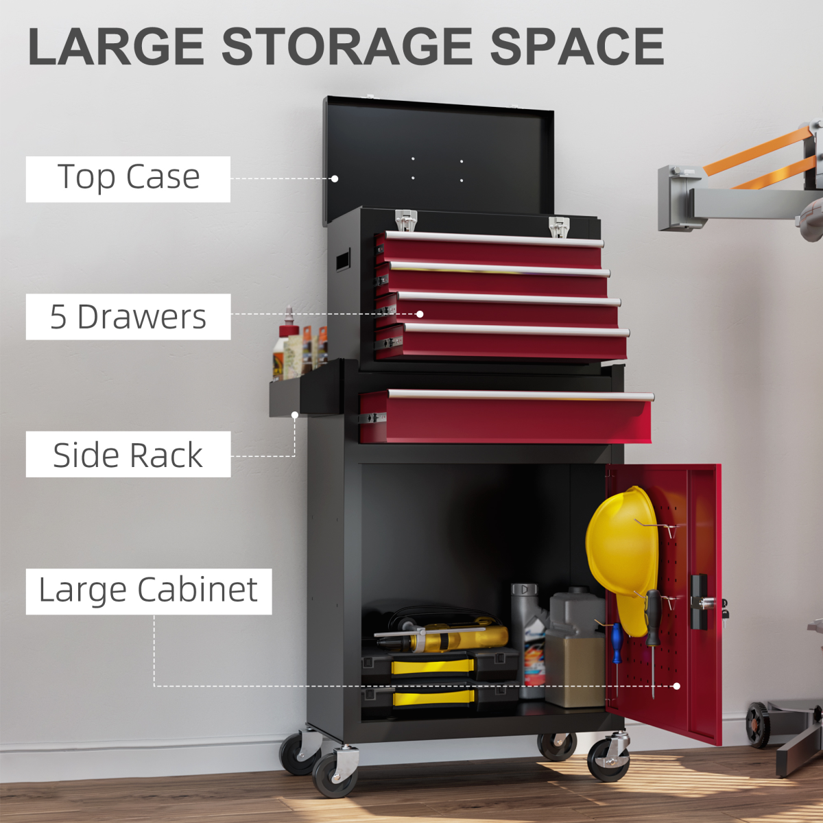 HOMCOM 5-Drawer Rolling Tool Cabinet with Lockable Cupboard