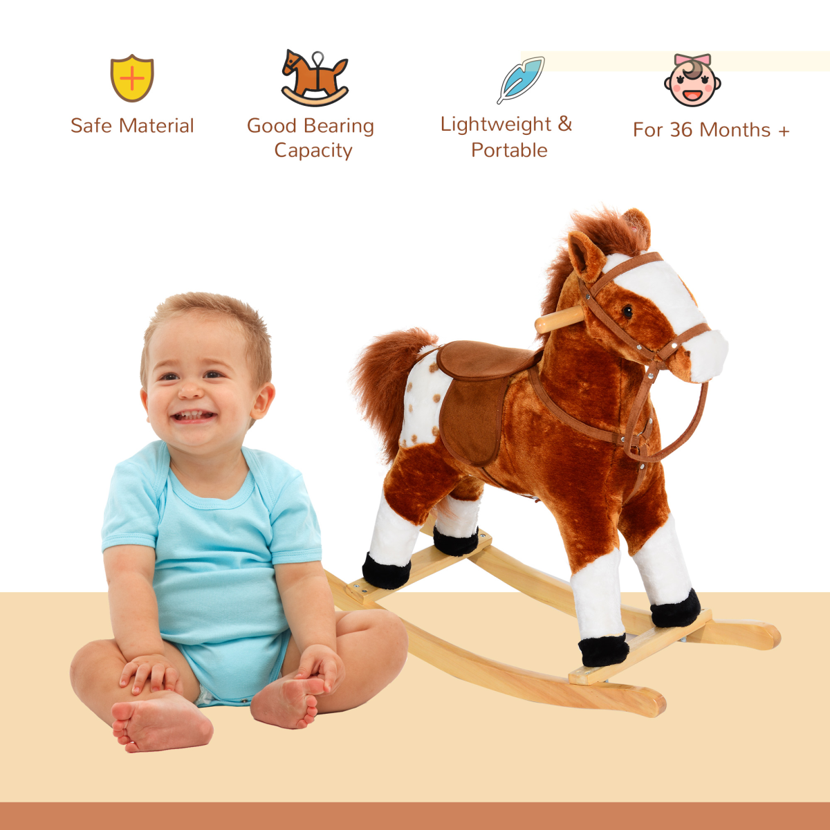 HOMCOM Plush Rocking Horse with Neigh Sound, Brown