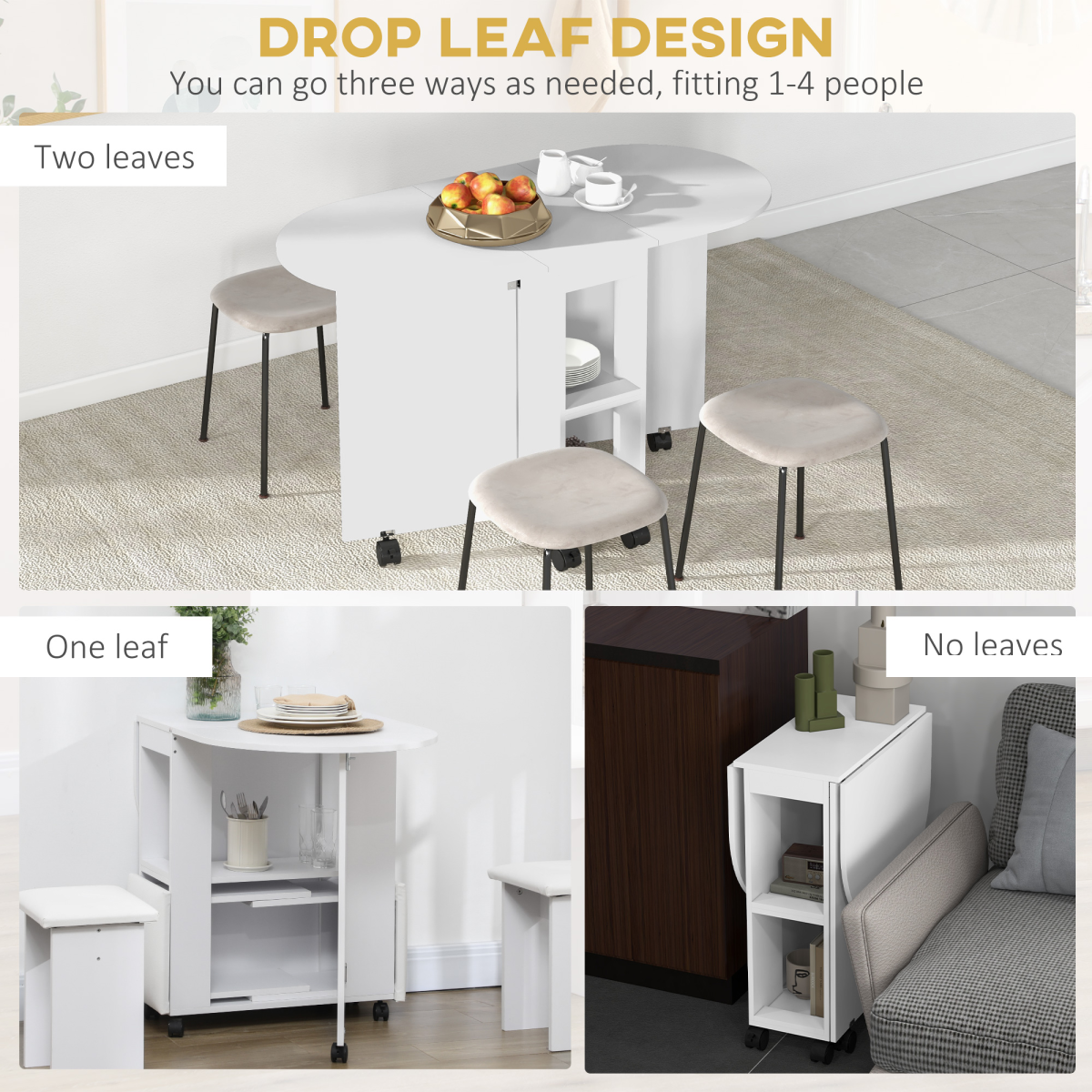 HOMCOM Folding Drop Leaf Dining Table with 2-Tier Shelves, White