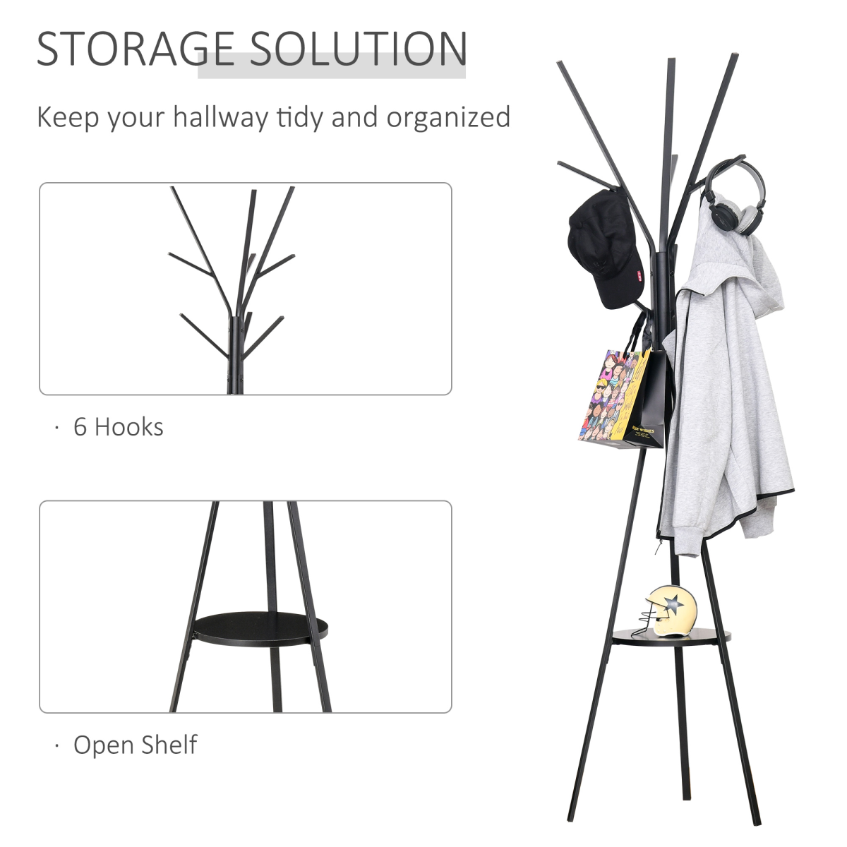 180cm Freestanding Metal Coat Rack with Shelf and 9 Hooks