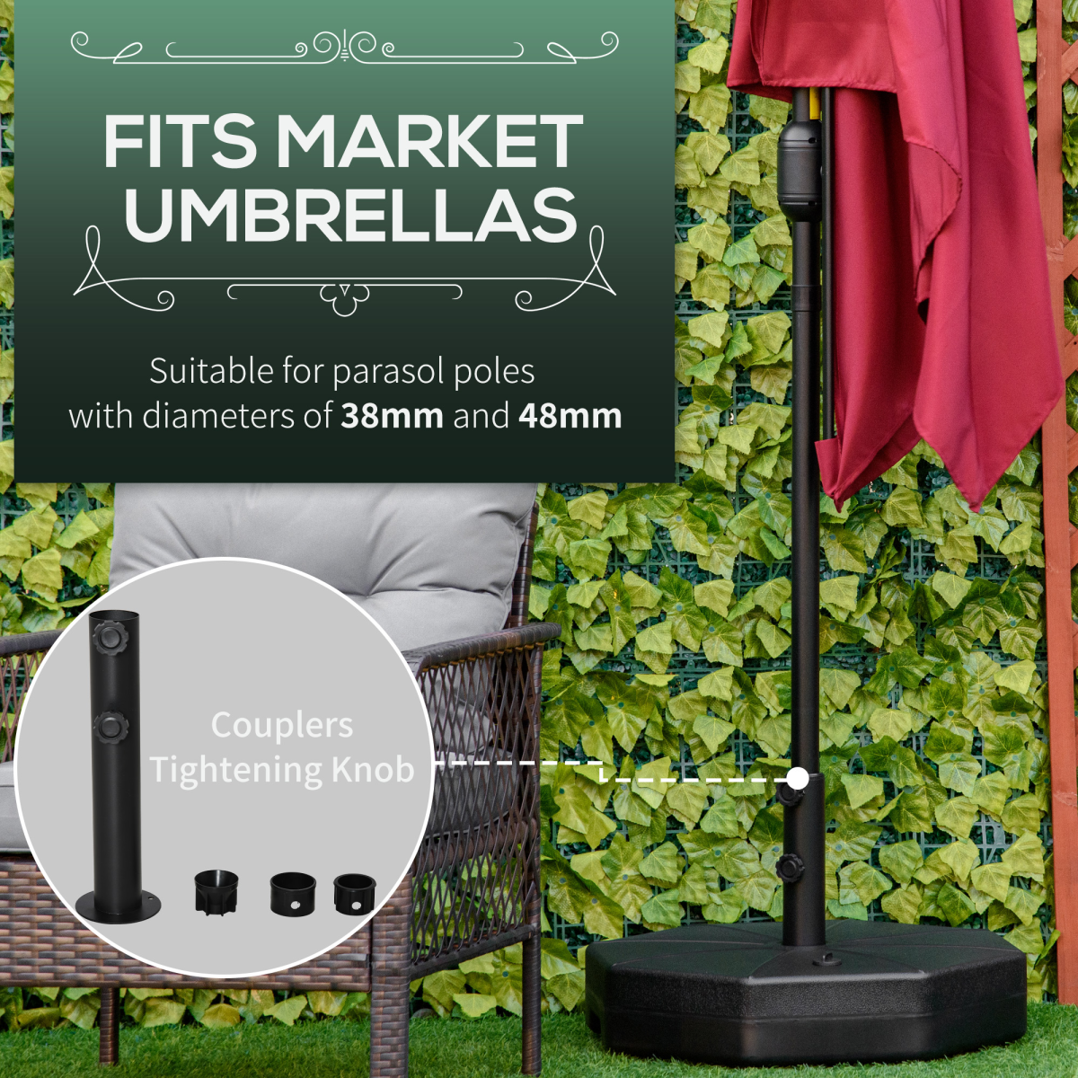 Garden Parasol Base Stand, Water or Sand Fillable, Up to 28kg Water or 40kg Sand, 38mm & 48mm Pole Holder, Black, Outsunny