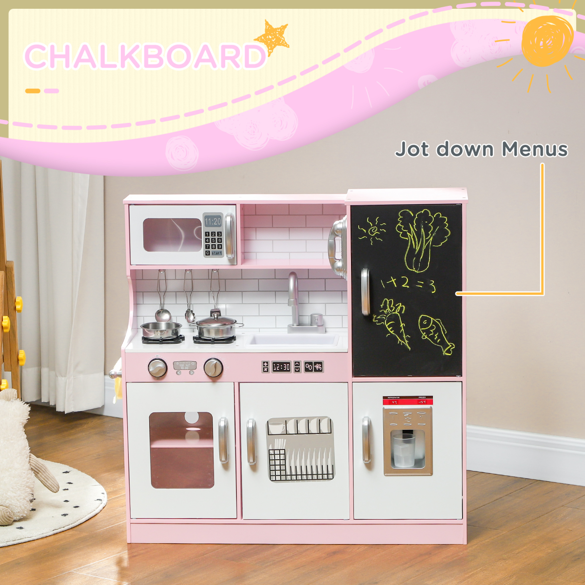AIYAPLAY Kids Play Kitchen Set with Phone, Chalkboard, Sink & Ice Maker