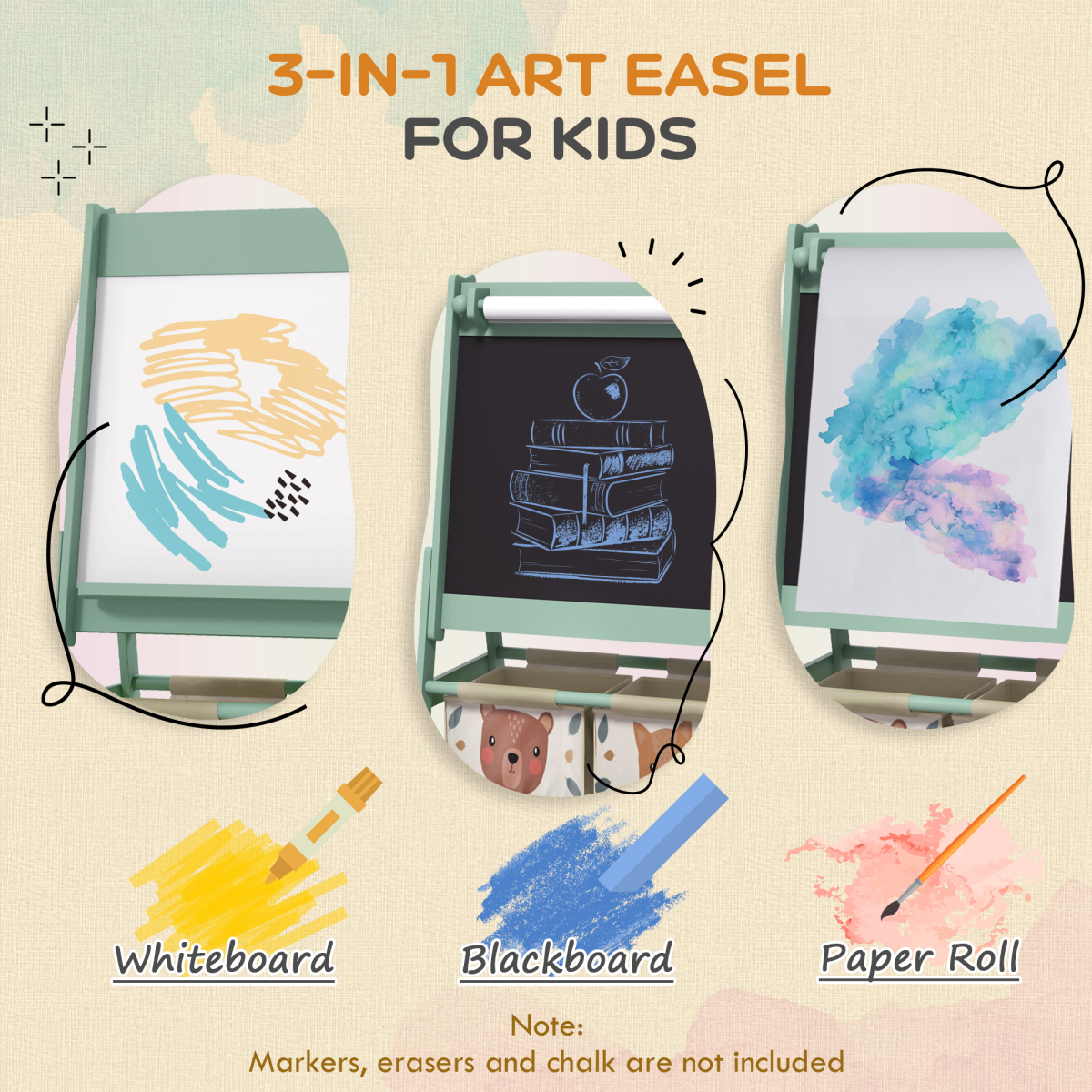 AIYAPLAY 3-in-1 Kids Easel with Paper Roll, Storage, Green