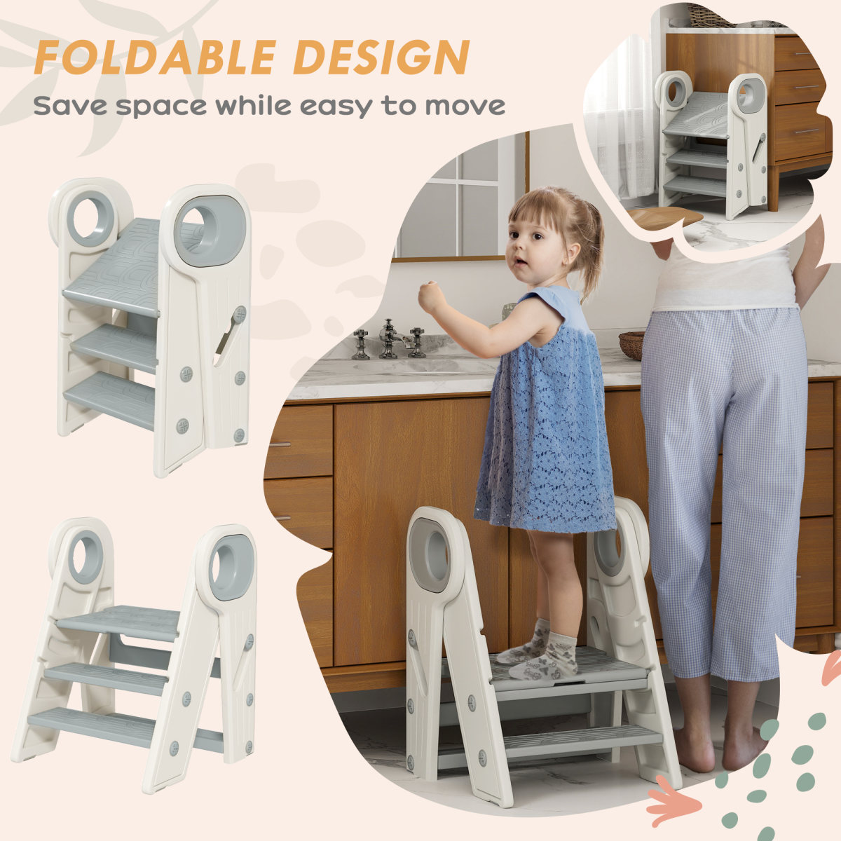 AIYAPLAY Foldable Adjustable Toddler Tower with Handle, Non-Slip, Grey