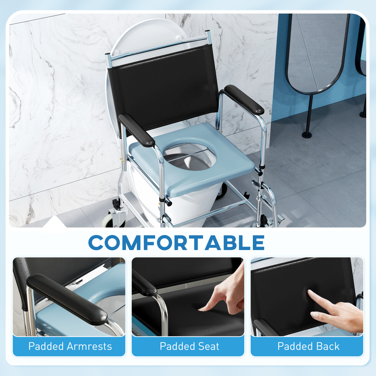 HOMCOM 3-in-1 Commode Shower Chair Wheelchair with Wheels