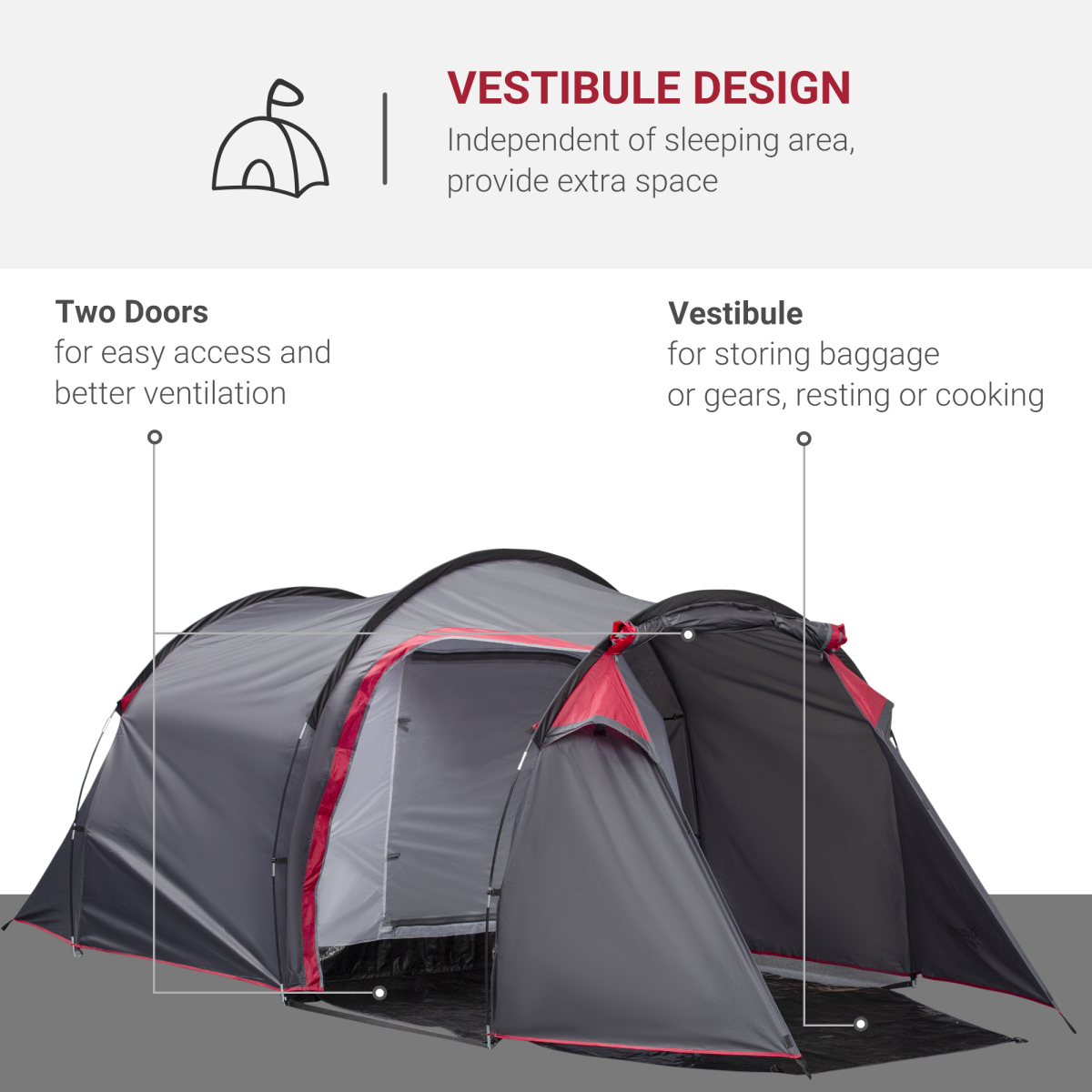 3 Man Camping Tent with 2 Rooms, Porch, Mesh Vents, Waterproof