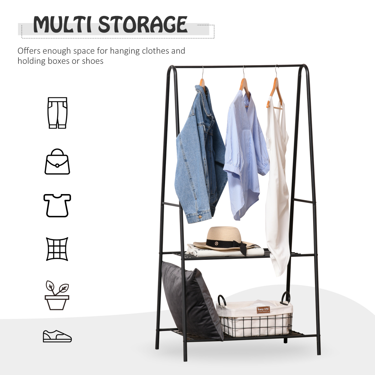HOMCOM 2-Tier A-Shaped Steel Clothes Rack with Hanging Rail, Black