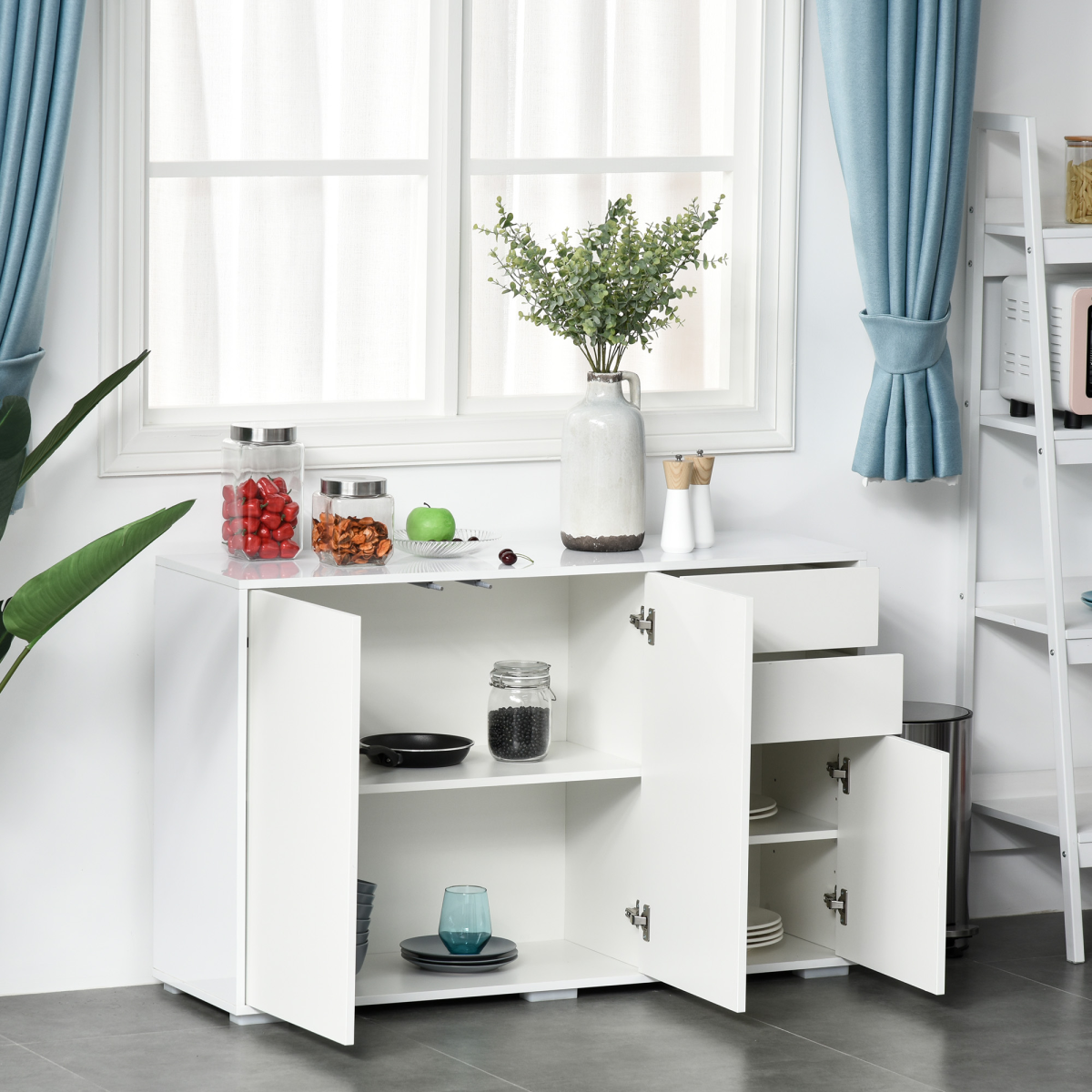 HOMCOM White Side Cabinet with 2 Doors, 2 Drawers, Adjustable Shelf, Push Open Design