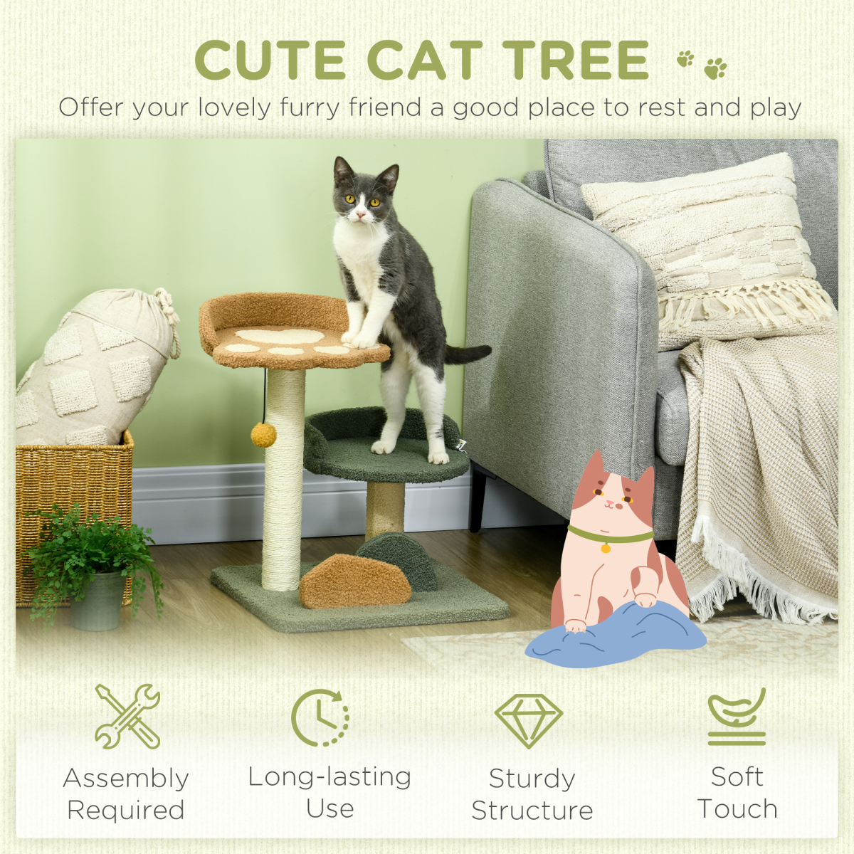 PawHut 52cm Indoor Cat Tree with Scratching Posts, Bed & Toy Ball