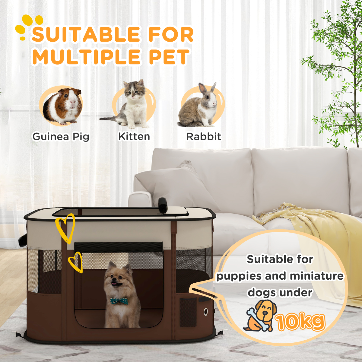 PawHut Foldable Portable Pet Pen for Small Animals, Brown