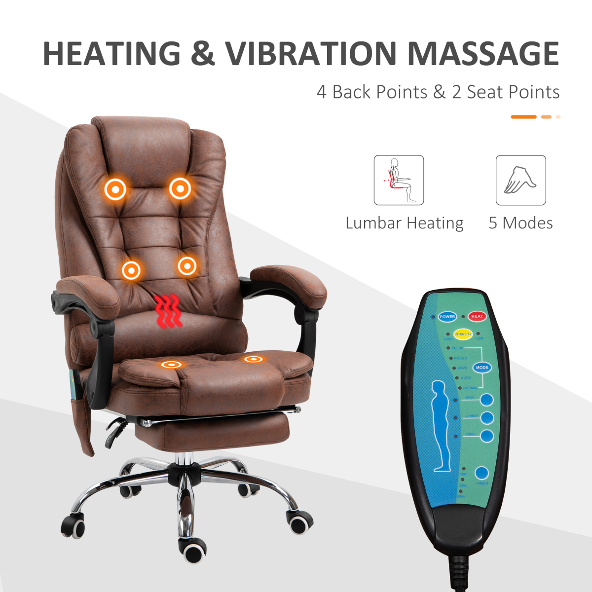 Vinsetto Heated 6-Point Massage High Back Reclining Office Chair, Brown
