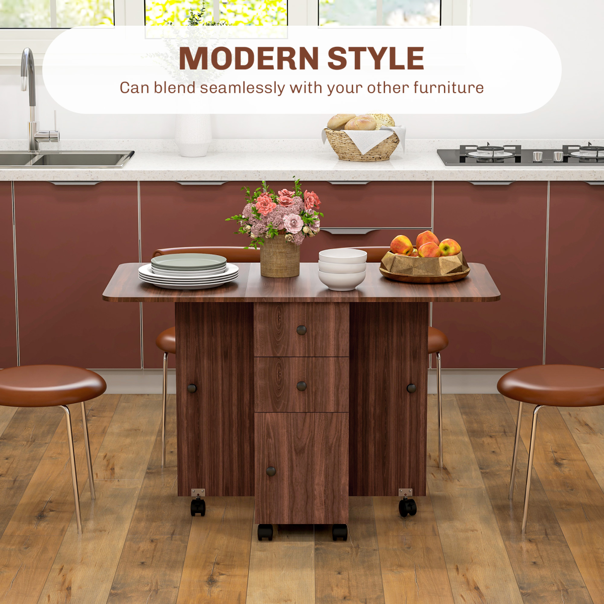 HOMCOM Folding Drop Leaf Dining Table with Drawers, Distressed Brown
