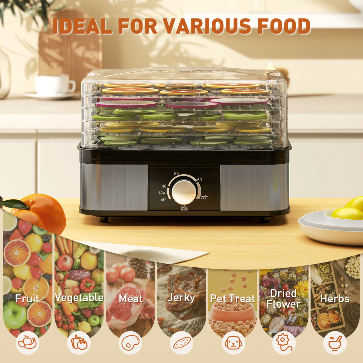 HOMCOM 5-Tier Food Dehydrator, 245W, Adjustable 35-70°C, Black