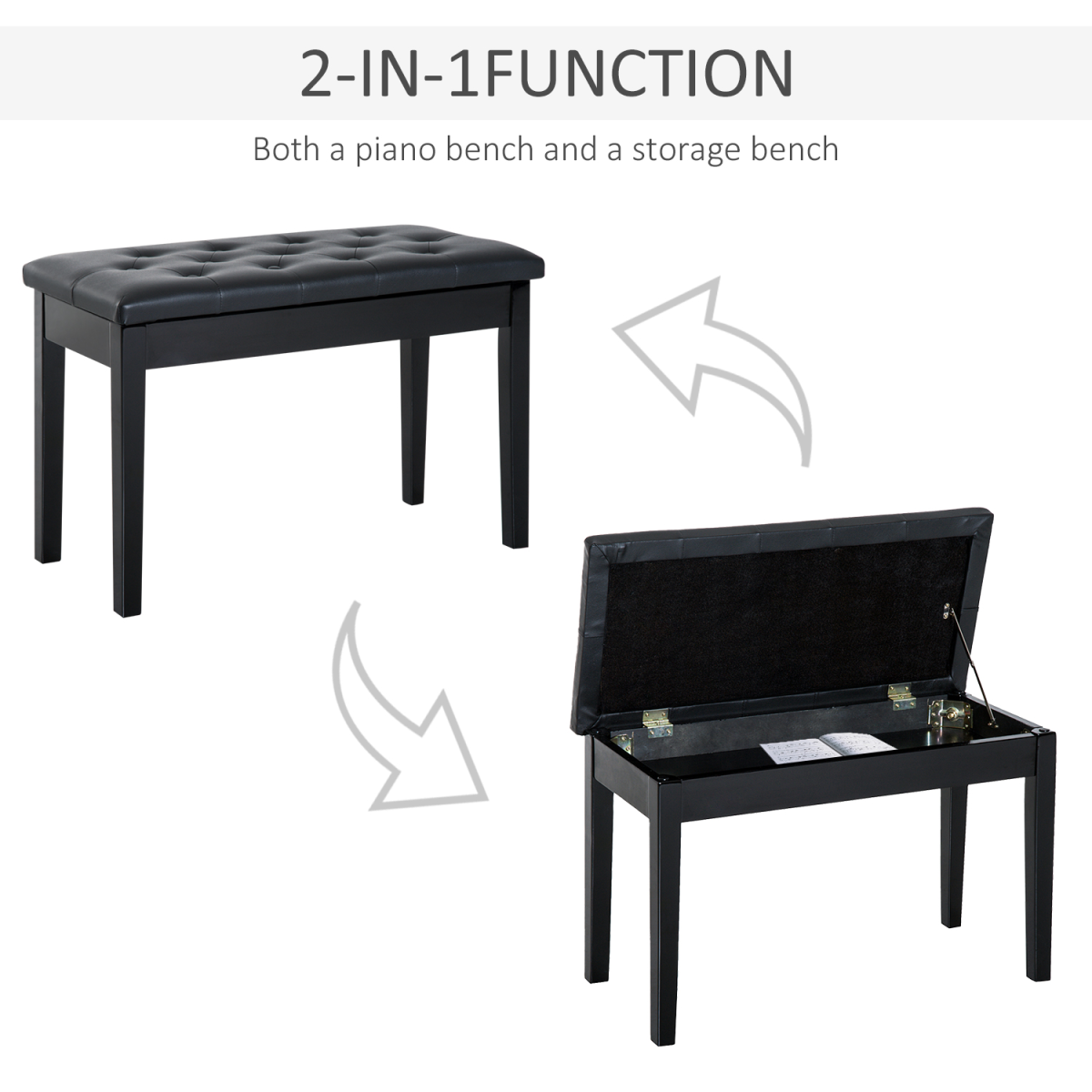 HOMCOM Tufted 2-Seater Piano Bench with Storage, Black
