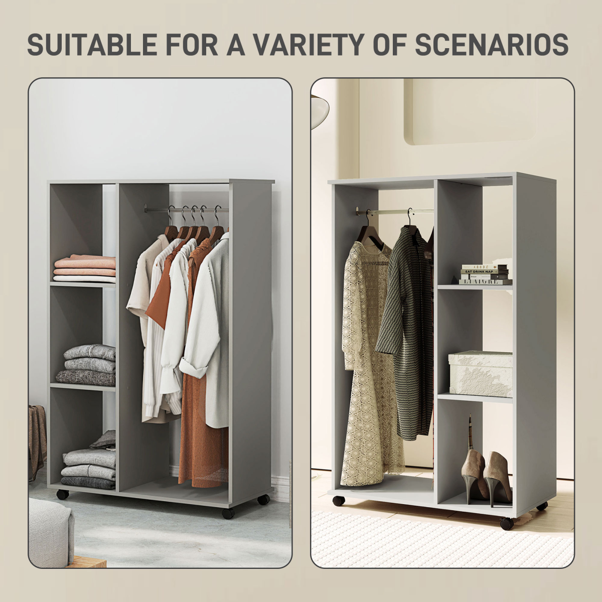 HOMCOM Rolling Open Wardrobe with Hanging Rail & Shelves, Grey
